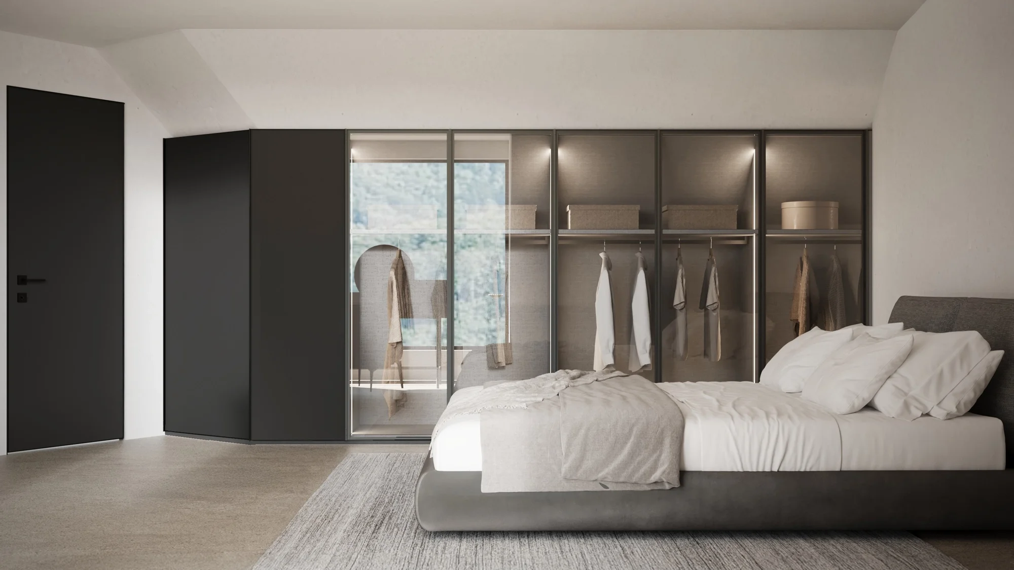 Luxury bedroom with Rimadesio sliding wardrobe doors, Giellesse interior fittings and bespoke Italian bed, interior design in Dorset by Abitalia South Coast.