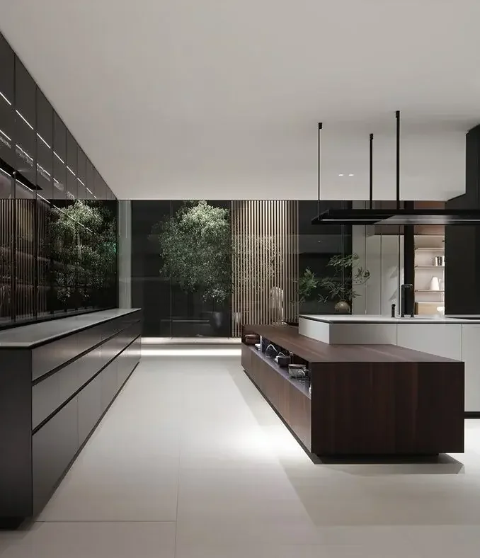 Modern bespoke Poliform kitchen with black and white cabinetry and wooden island, designed by Abitalia South Coast in Dorset, Hampshire, and Surrey