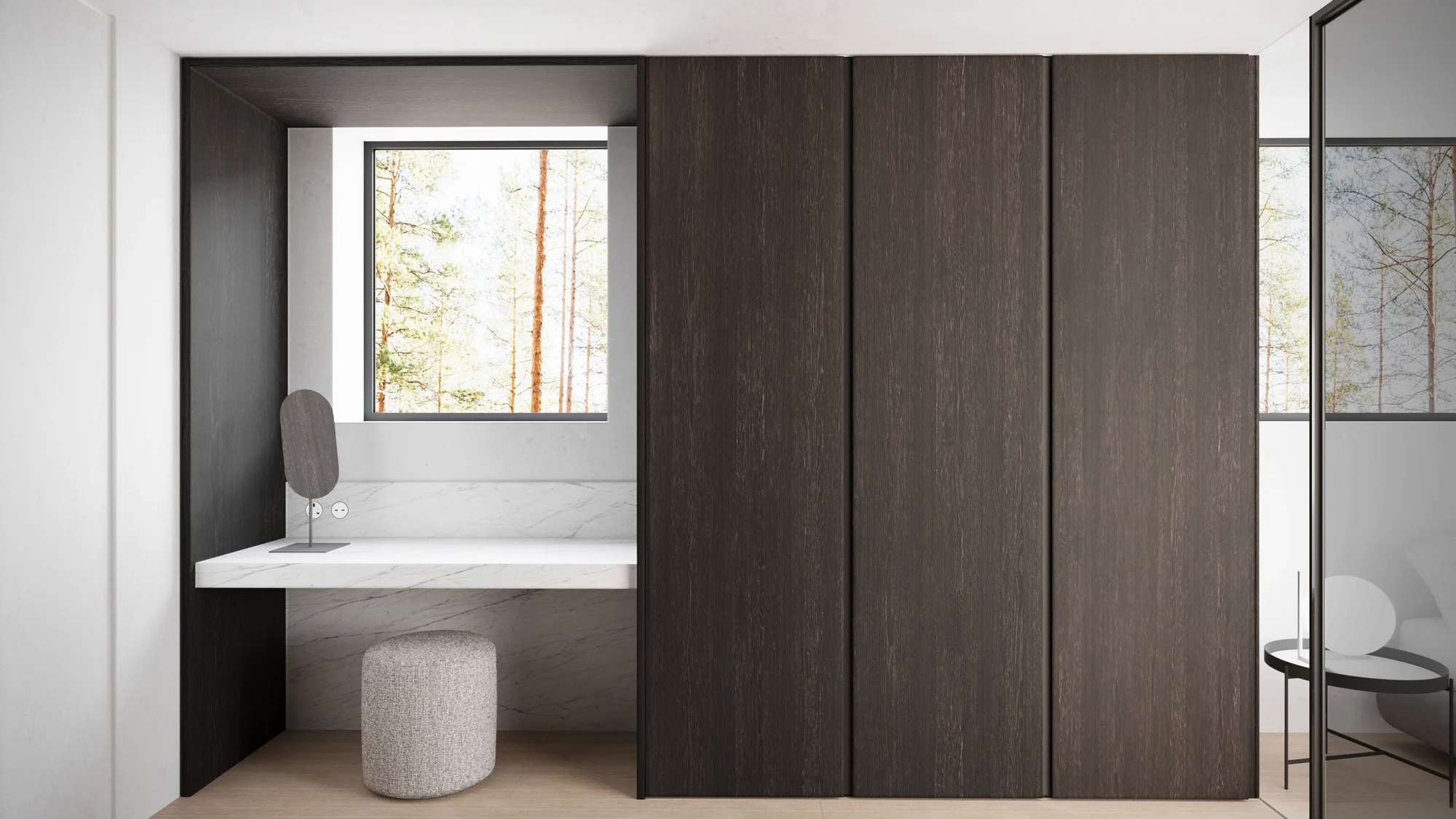 Dark wood walk-in closet with integrated powder station and full length mirror, luxury dressing room design in Surrey by Abitalia South Coast.