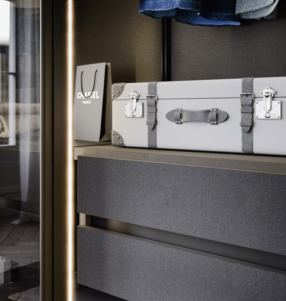 Sleek metal frame and mix-and-match door materials highlighting modern Italian design.