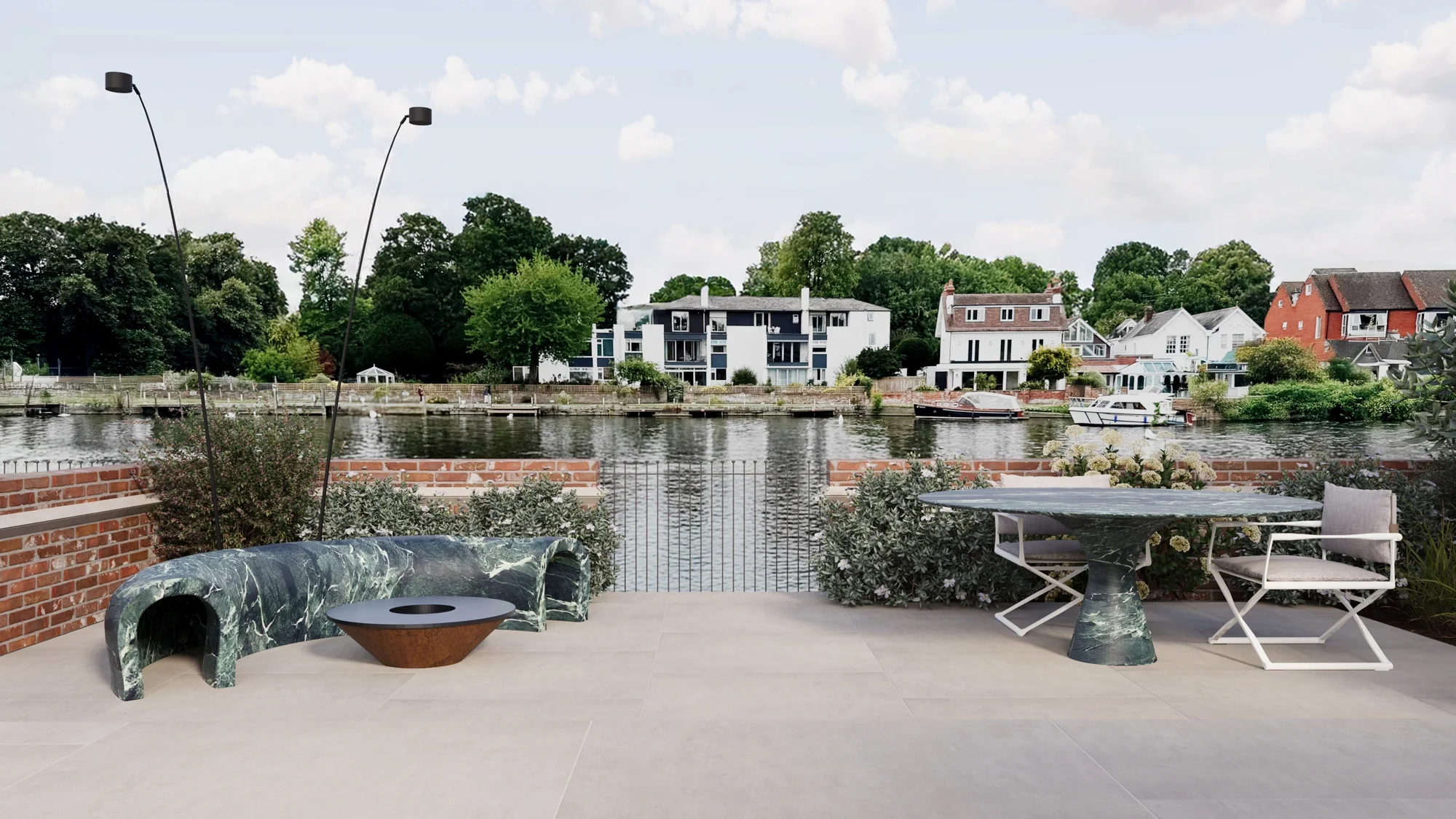 Talenti riviera director lounge outdoor furniture with porcelain dining table on luxury terrace, exterior design in Surrey by Abitalia South Coast.