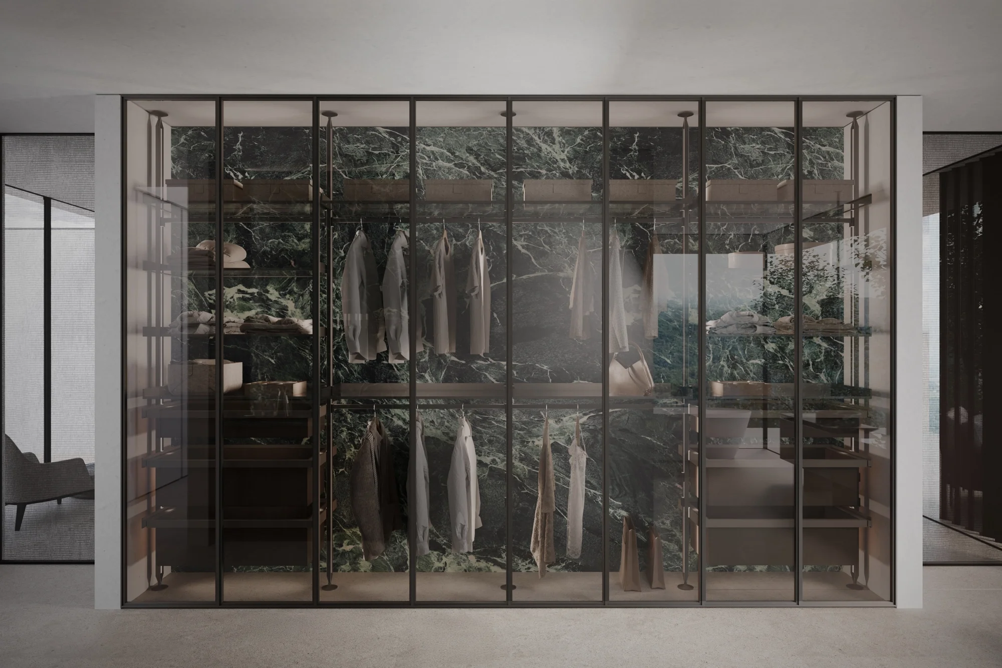 Rimadesio mirror panel sliding wardrobe doors in luxury master bedroom, interior design in Surrey by Abitalia South Coast.
