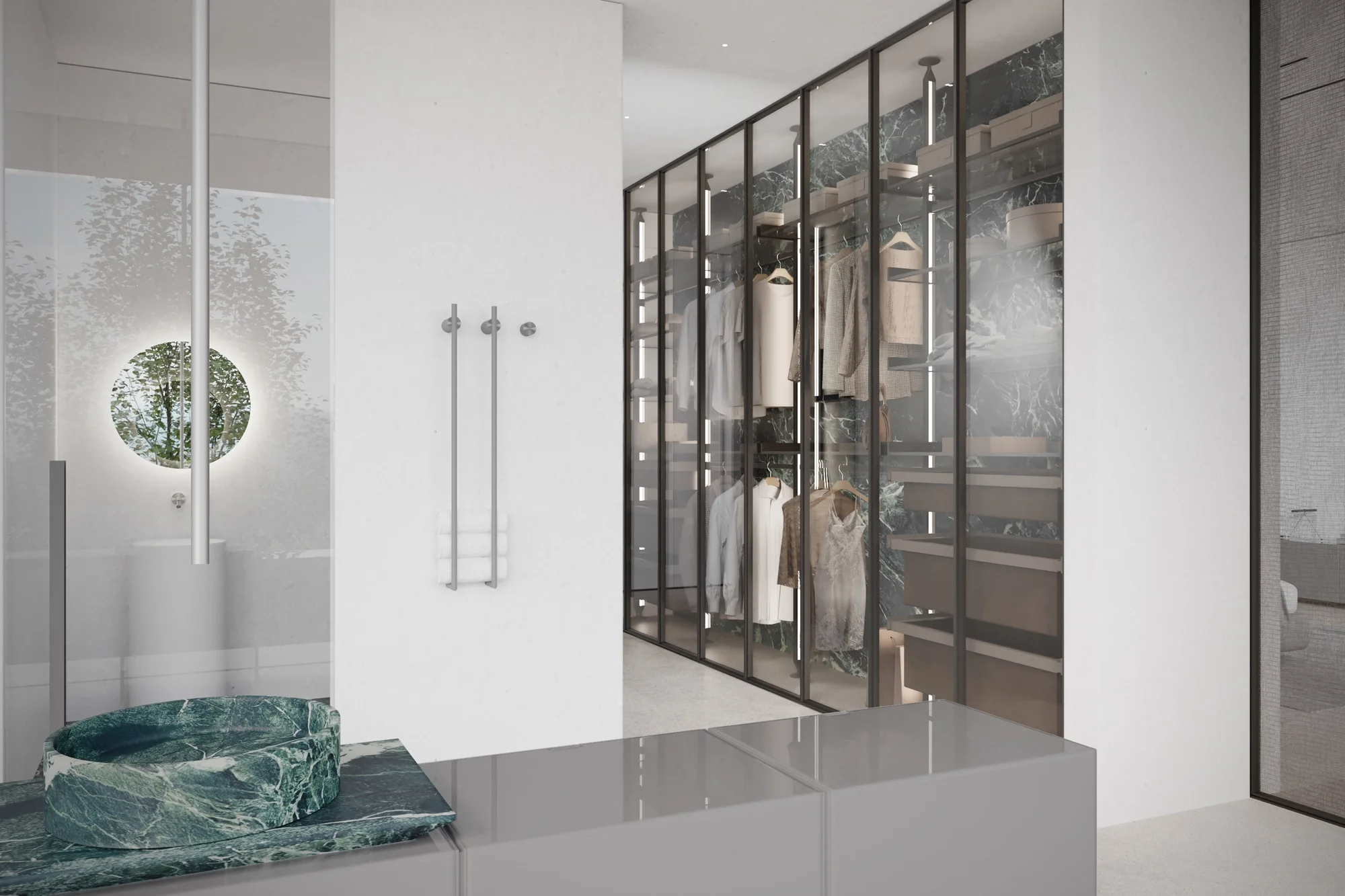 Contemporary full-width wardrobe wall with handleless doors in luxury bedroom, interior design in Surrey by Abitalia South Coast.