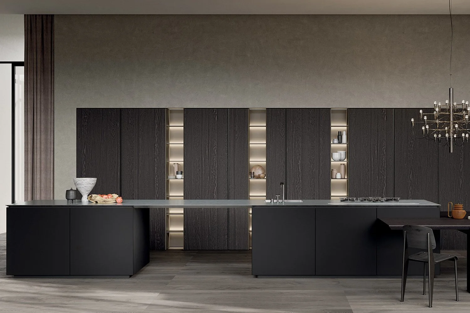 Modern bespoke kitchen with dark wooden cabinets, a porcelain island, and chandelier by Zampieri designed and supplied by Abitalia South Coast in  Dorset, Hampshire, and Surrey.