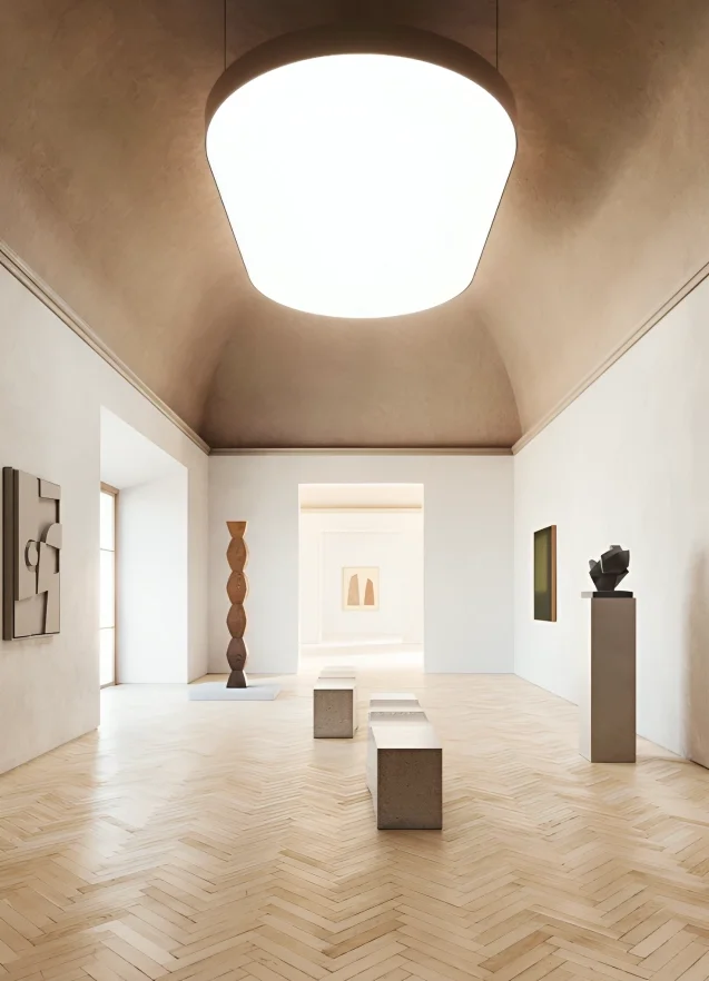 Large-format ceiling lighting with integrated sound-absorbing panel.