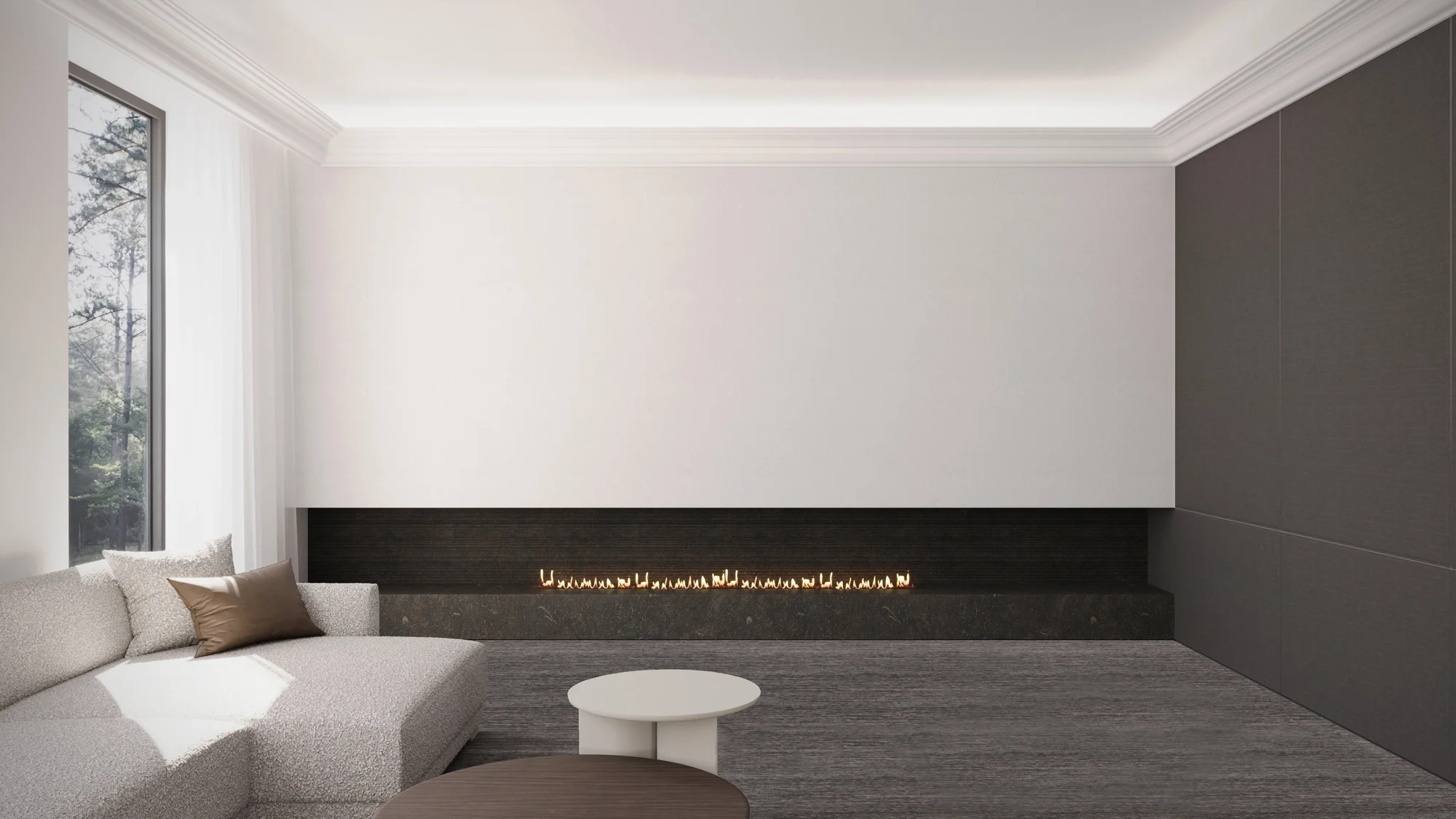 Luxury living room with Zenit library wall, statement fireplace, Italian sofa and Florim porcelain floor, interior design in Surrey by Abitalia South Coast.