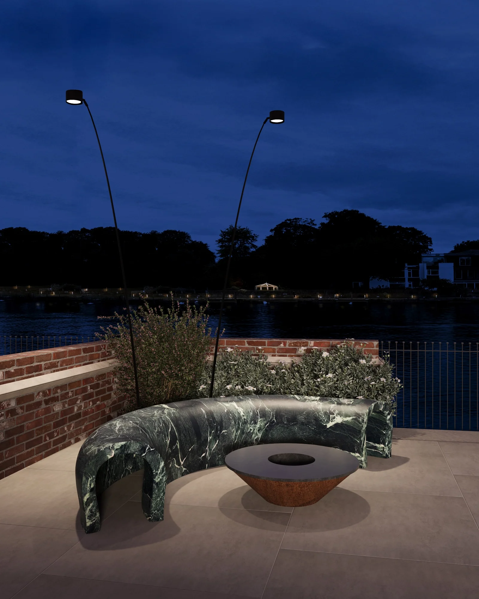 Stone effect bespoke porcelain outdoor bench on luxury terrace in Hampshire, exterior design by Abitalia South Coast.