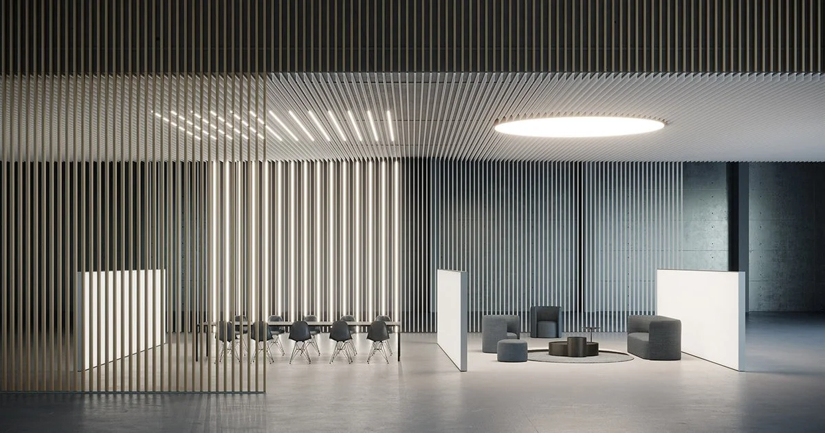 Dresswall Stripes modular integrated slats system for creating customized indoor and outdoor architectural spaces, supplied by Abitalia South Coast in Dorset, Hampshire, and Surrey.