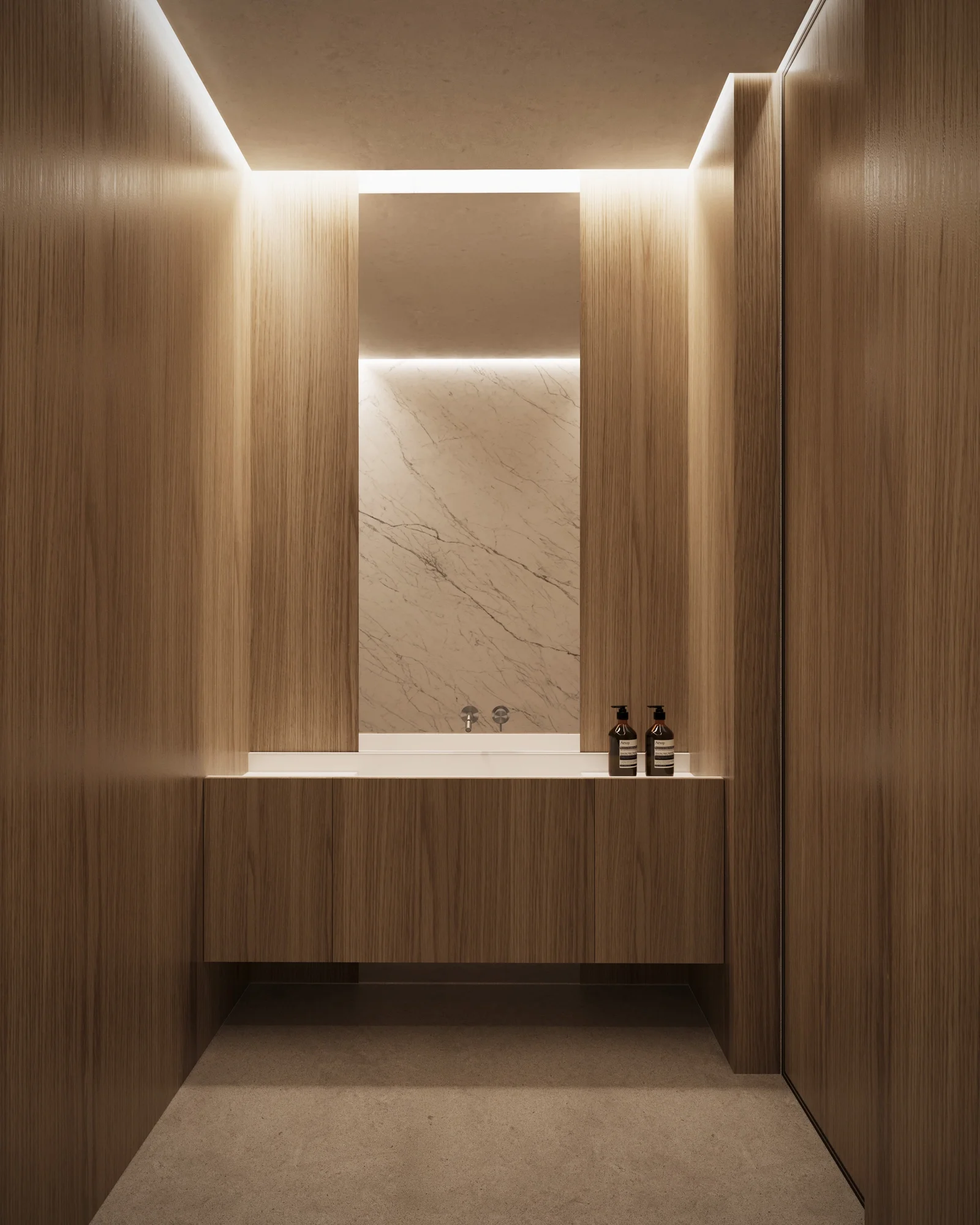 Semi-recessed porcelain wash basin with concealed storage below, luxury bathroom design in Dorset by Abitalia South Coast.