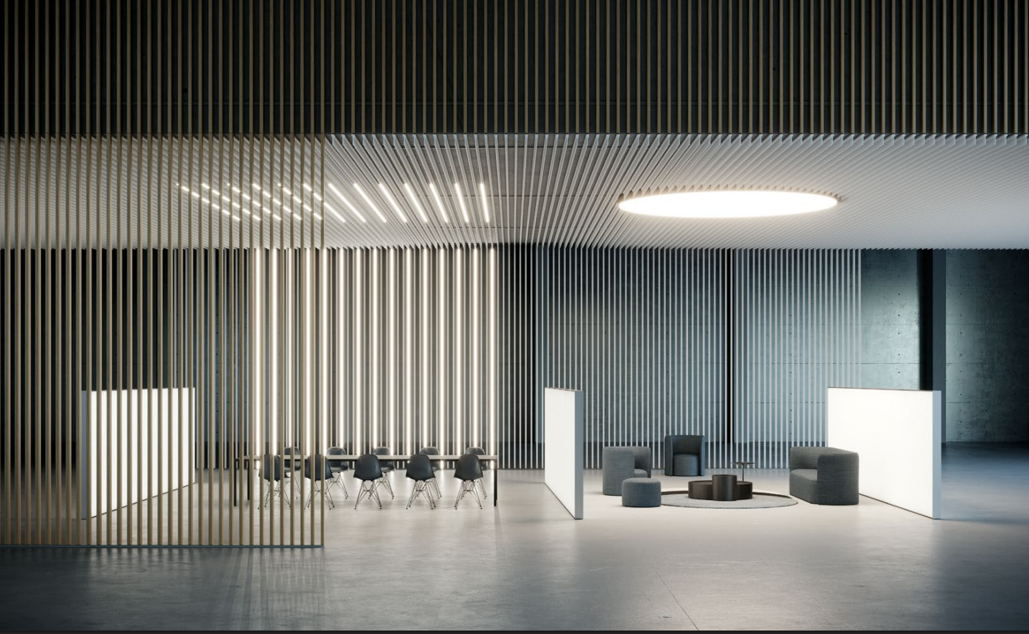 Modern office boardroom illuminated by Dresswall smart lighting.