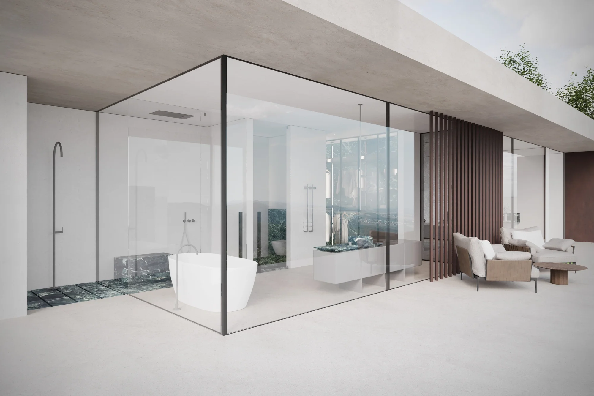 Porcelain countertop basin on Florim slab with Gessi wall-mounted tap, free standing bathtub, luxury bathroom in Hampshire by Abitalia South Coast