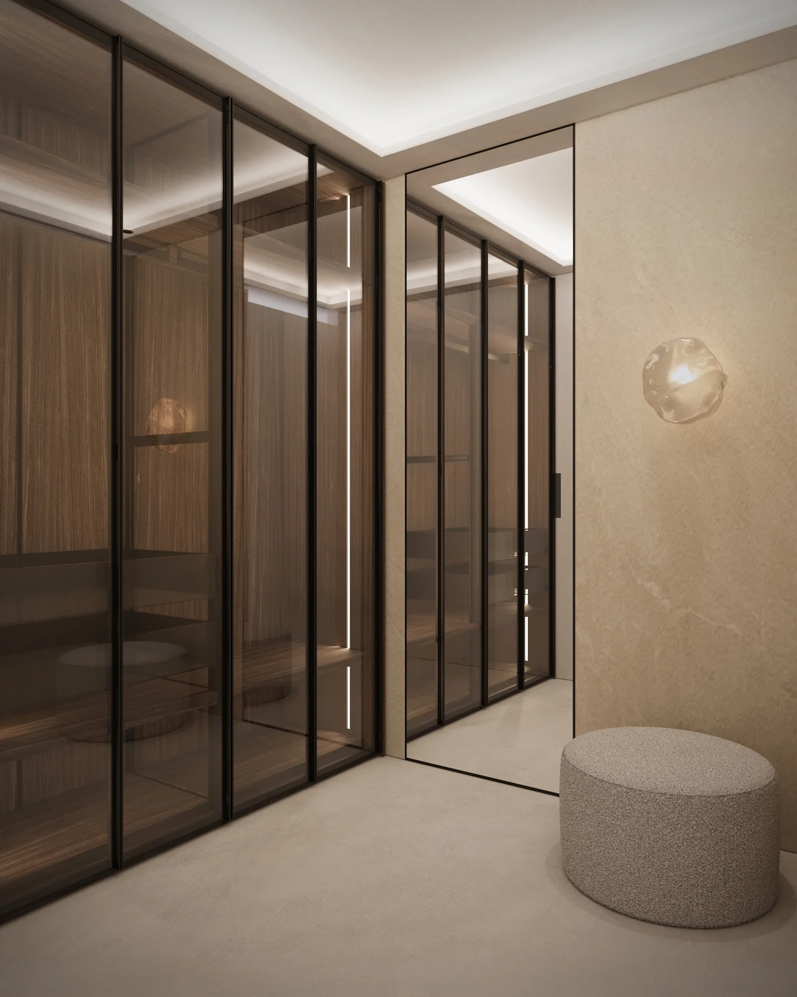 Giellesse his and hers walk-in dressing room with mirrored panels and LED lighting, luxury bedroom in Hampshire by Abitalia South Coast.