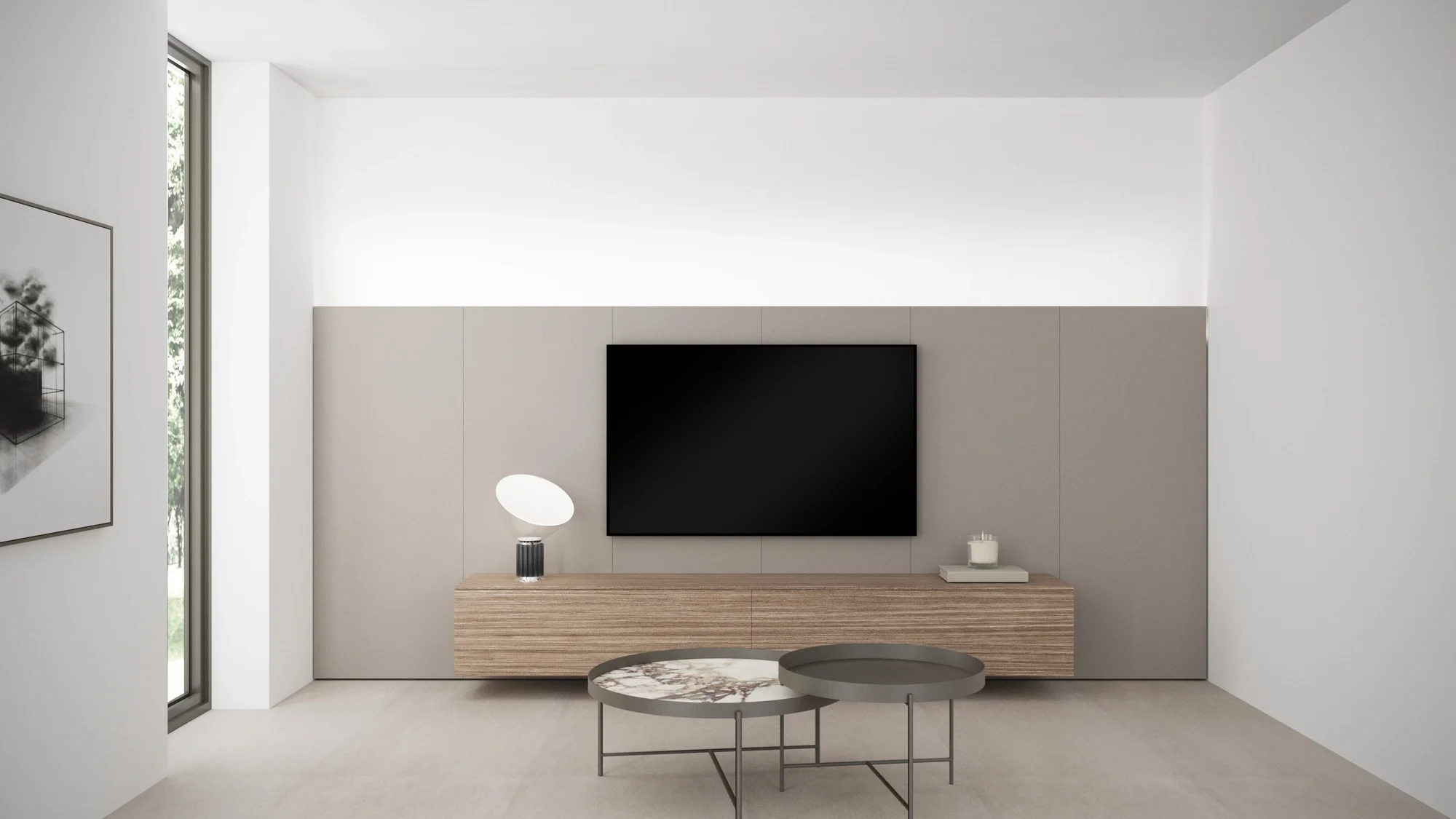 Floating Italian TV unit with integrated storage in luxury living room, interior design in Hampshire by Abitalia South Coast