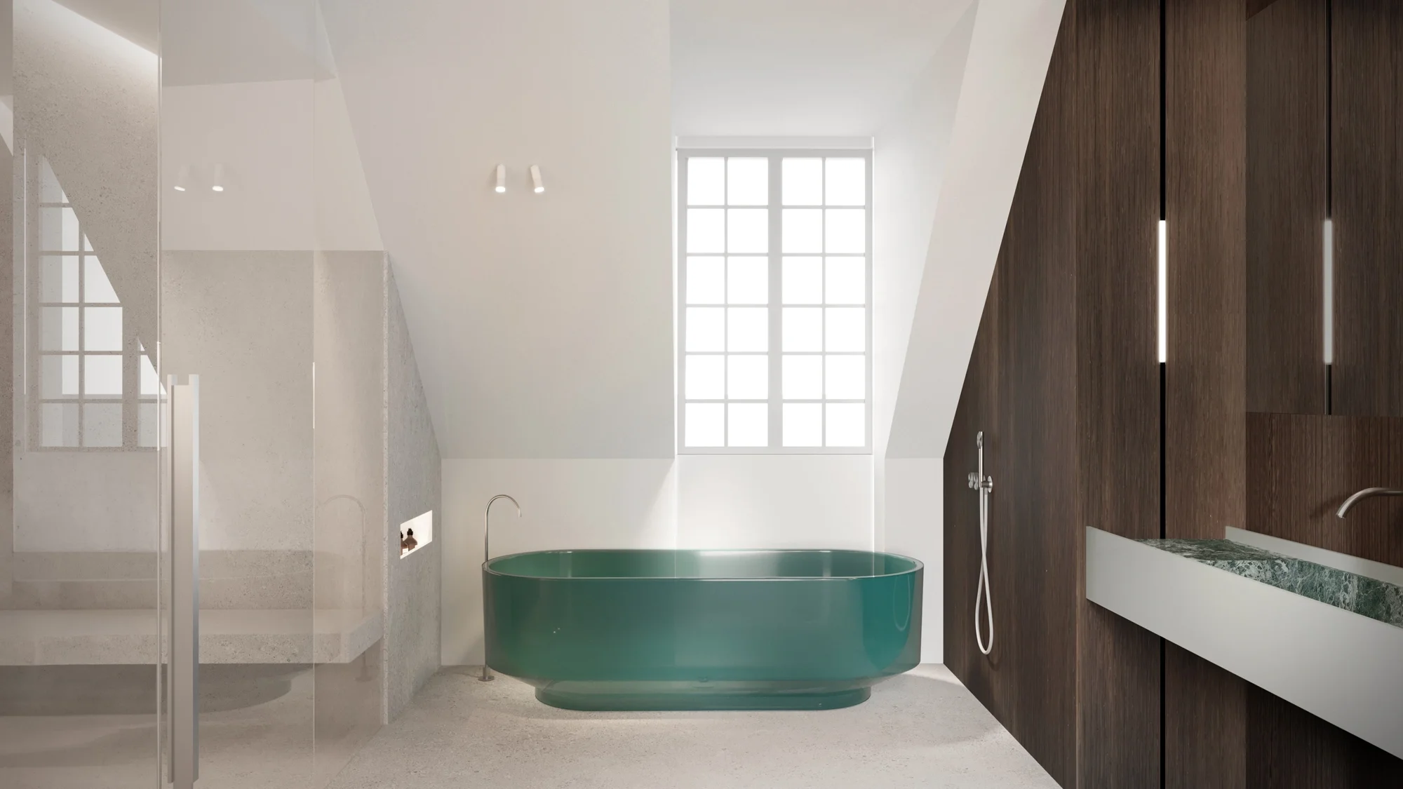 Freestanding bathtub on Inalco large slab floor with matching wall tile, luxury bathroom in Dorset by Abitalia South Coast.