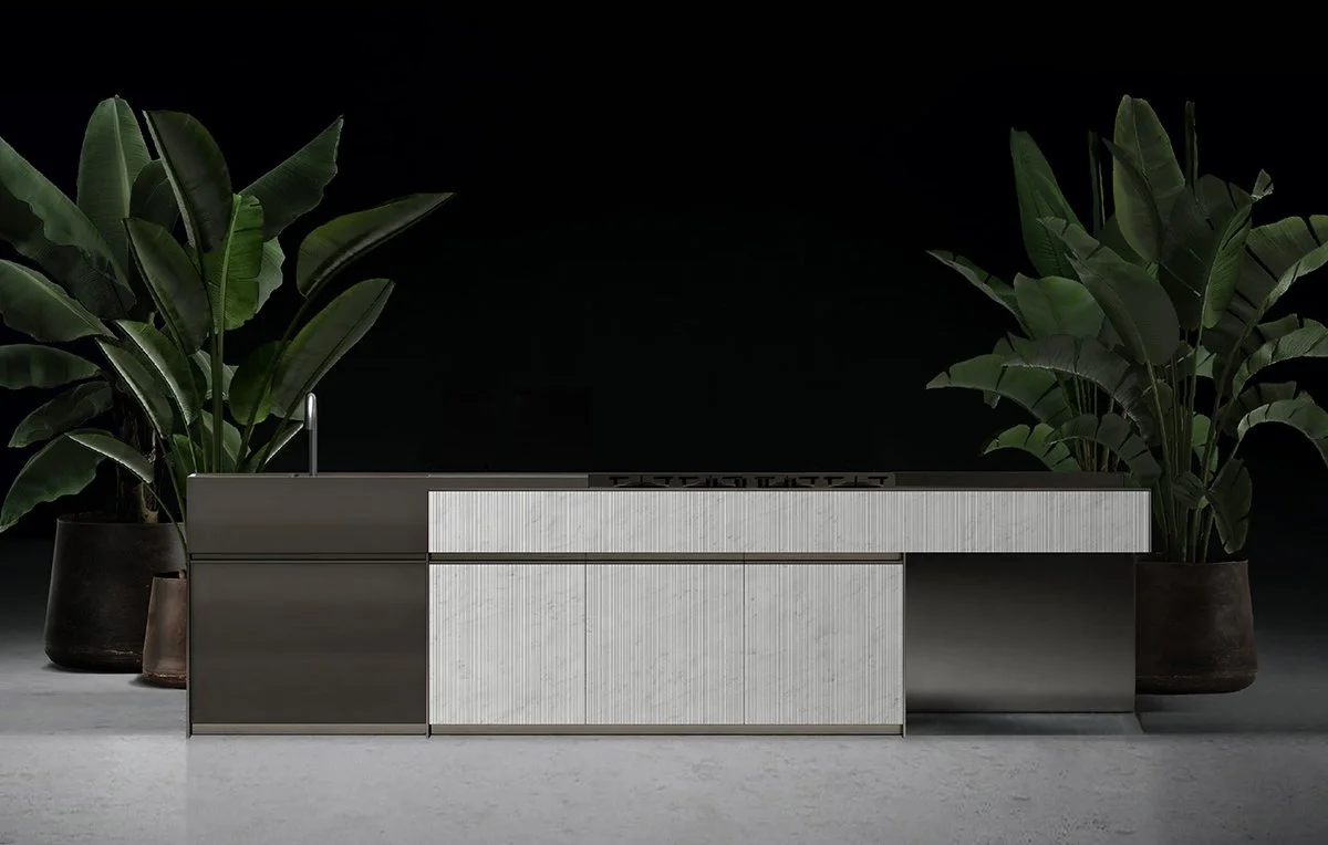 Loggia Out outdoor kitchen island by Zampieri Cucine, featuring modular design and durable materials, supplied by Abitalia South Coast in Dorset, Hampshire, and Surrey.