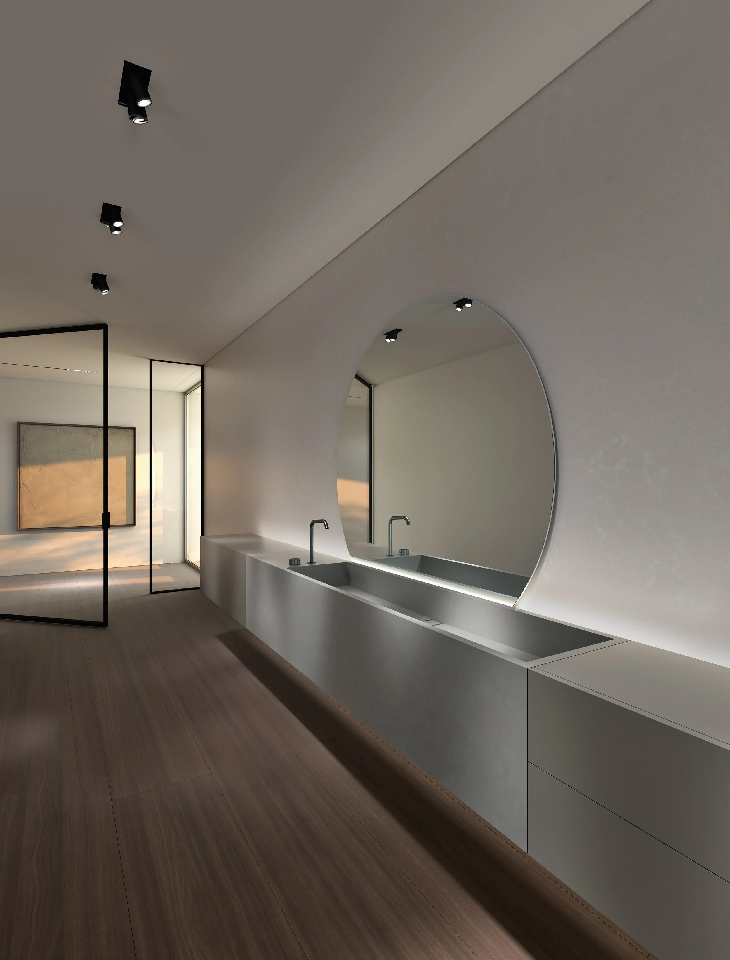 Luxury Makro bathroom with bespoke porcelain wash basin, designed by Abitalia South Coast in Dorset, Hampshire, and Surrey.