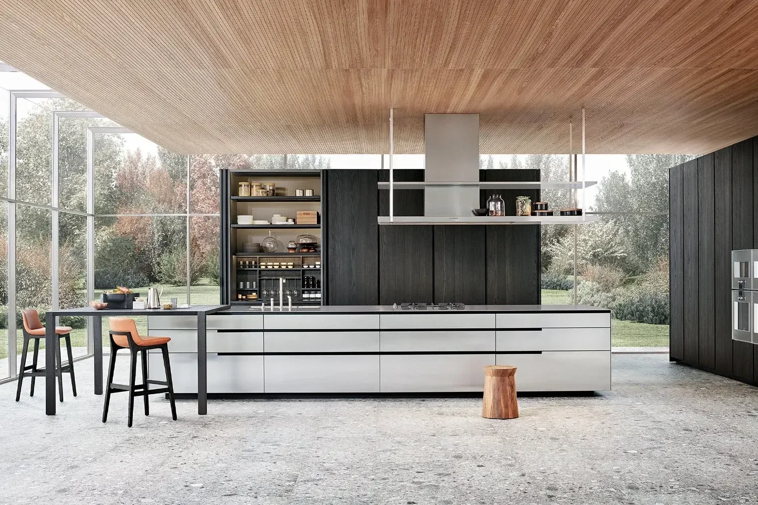 Modern Poliform Phoenix luxury kitchen with minimalist design, black cabinetry, white island, and high wooden ceiling, designed by Abitalia South Coast in Dorset, Hampshire, and Surrey.