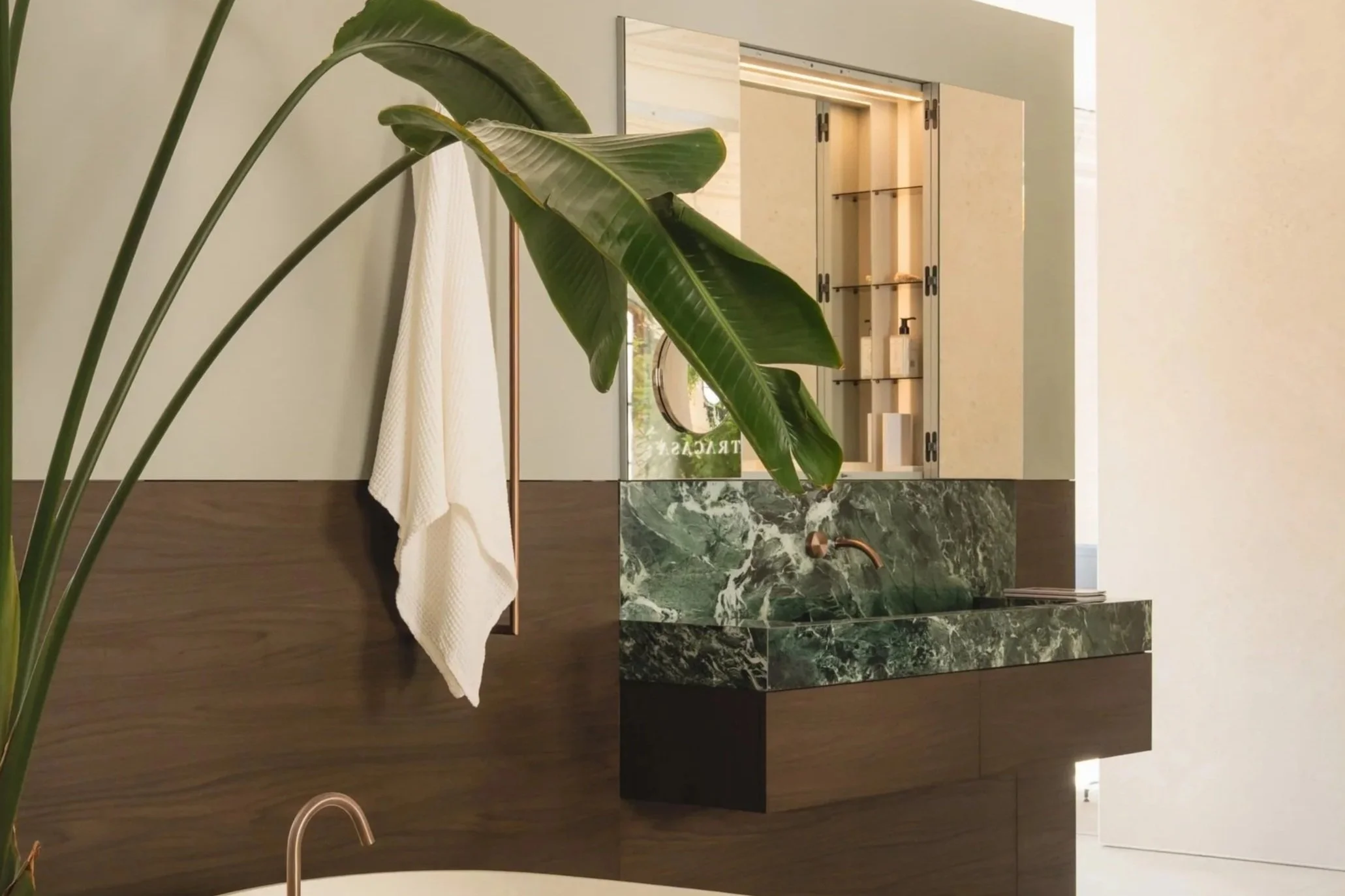 Maxi Sink and Vanity by Makro with Verde St Denis sink and Noce oak drawers in modern bathroom.