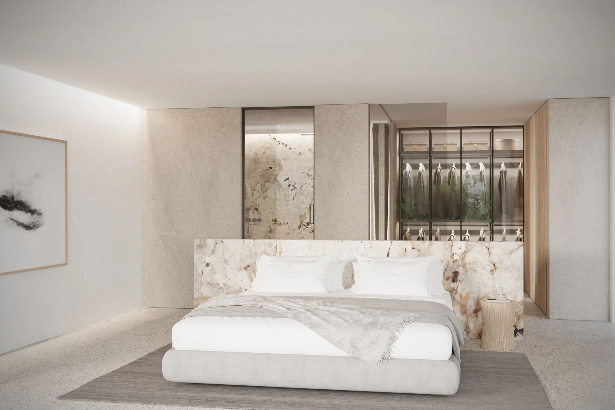 Glass wardrobe wall behind bed with open view into walk-in closet, luxury bedroom design in Dorset by Abitalia South Coast.