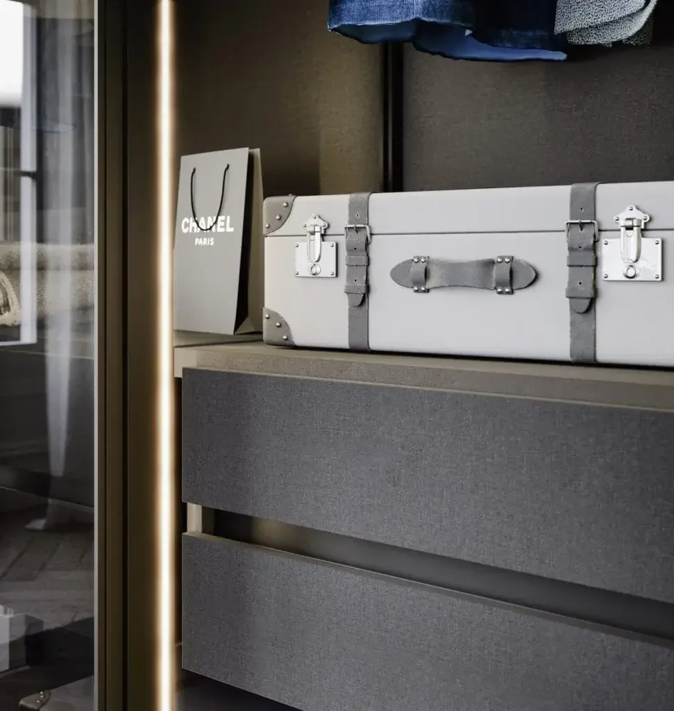 Sleek metal frame and mix-and-match door materials highlighting modern Italian design.