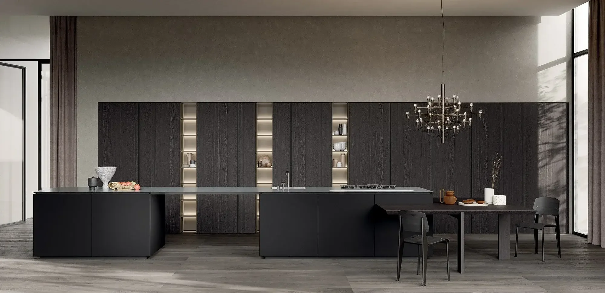 Luxury Zampieri Kitchen with dark wooden finish and island kitchen with premium porcelain tiles. Designed and supplied by abitalia south coast across Dorset, Hampshire, Surrey and Wider United Kingdom.