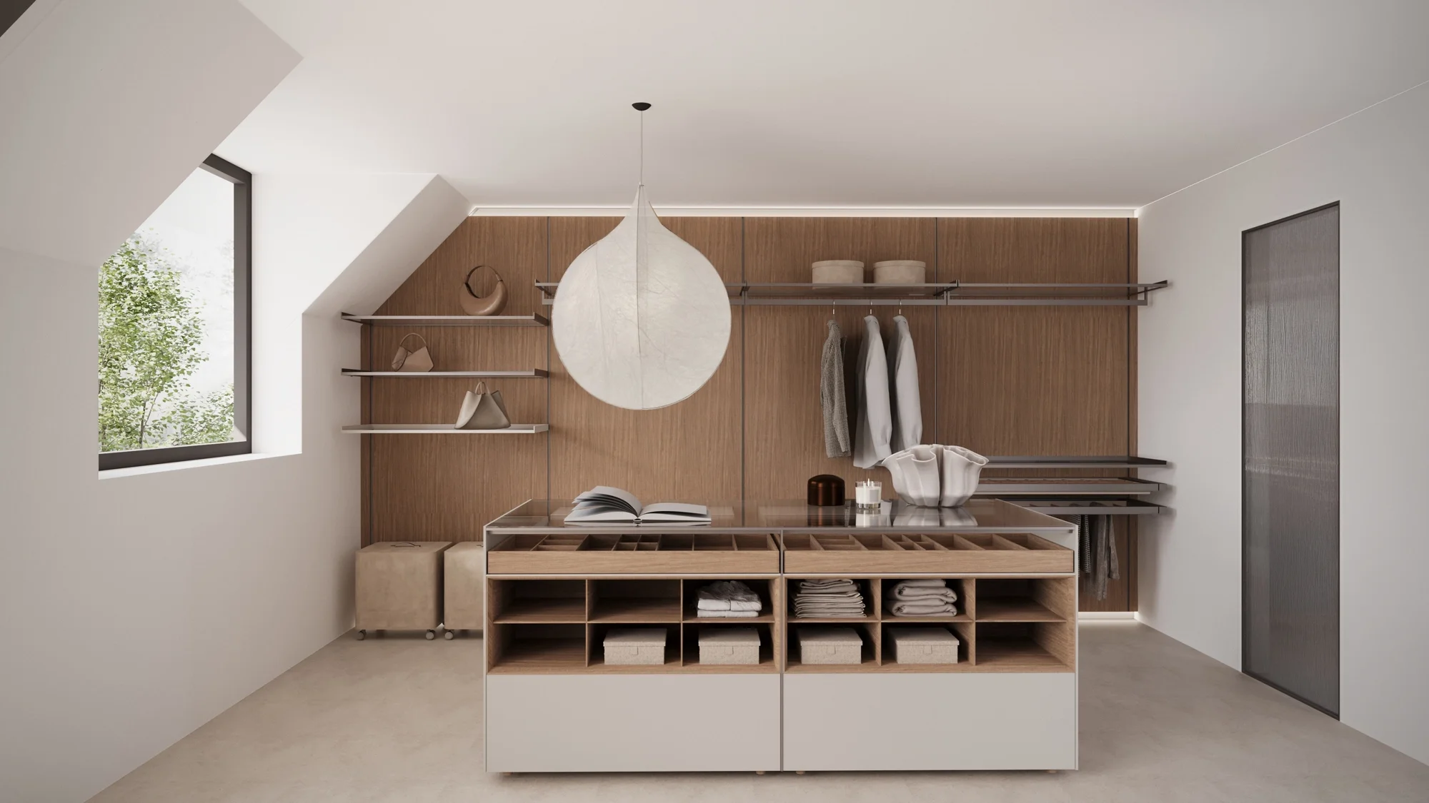 Open wardrobe with contrasting back panel and integrated LED strip lighting, luxury bedroom in Hampshire by Abitalia South Coast.