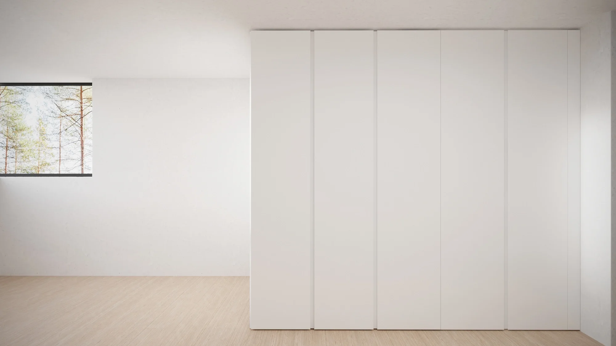 Full height seamless wardrobe wall with integrated door to luxury ensuite bathroom, bespoke interior design in Dorset by Abitalia South Coast.