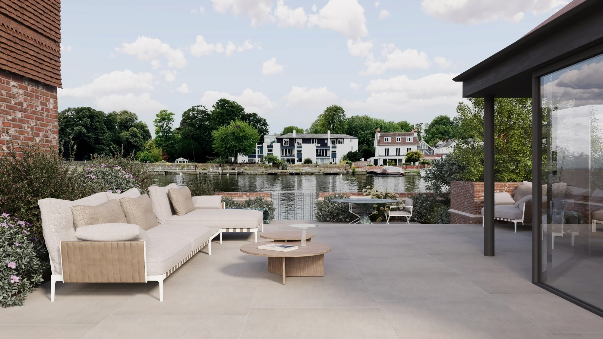 Talenti Salinas outdoor sofa and outdoor wooden coffee table on luxury garden terrace in Hampshire, exterior design by Abitalia South Coast.