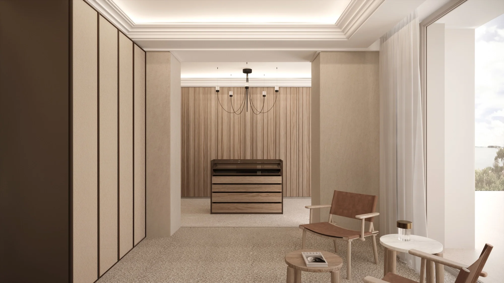 Rimadesio wardrobe door open to reveal organised interior storage, luxury bedroom in Dorset by Abitalia South Coast.