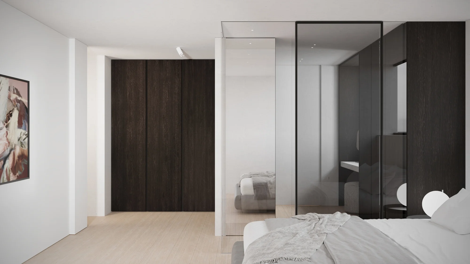 Floor-to-ceiling dark wood grain wardrobe in bespoke luxury bedroom, interior design in Surrey by Abitalia South Coast.