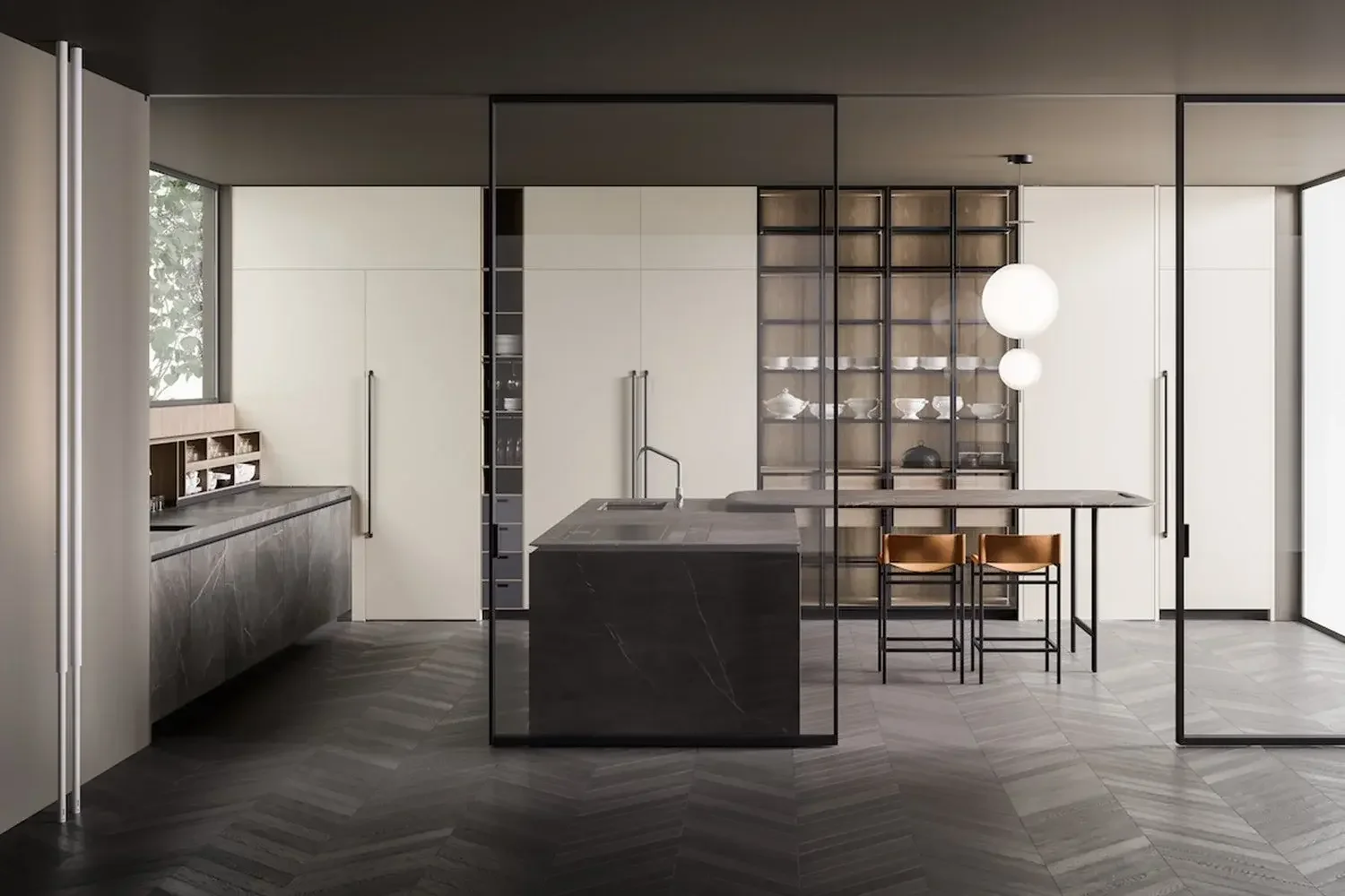 Boffi luxury kitchen with sliding doors and porcelain tiles designed by Abitalia South Coast in Dorset, Hampshire, and Surrey.