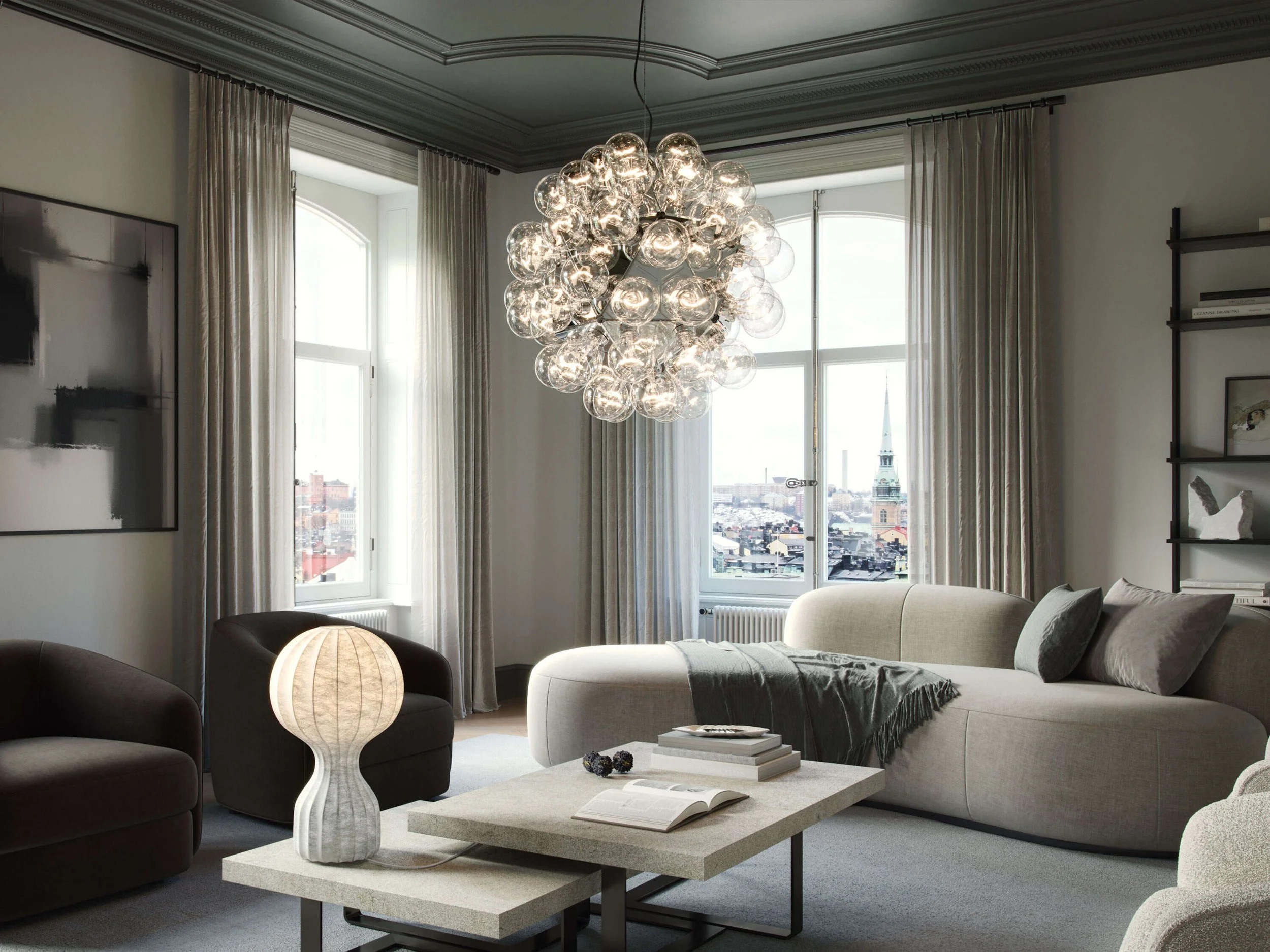 Taraxacum 88 Suspension 1 by Flos, sculptural cluster of exposed bulbs providing diffuse ambient light in modern interior.