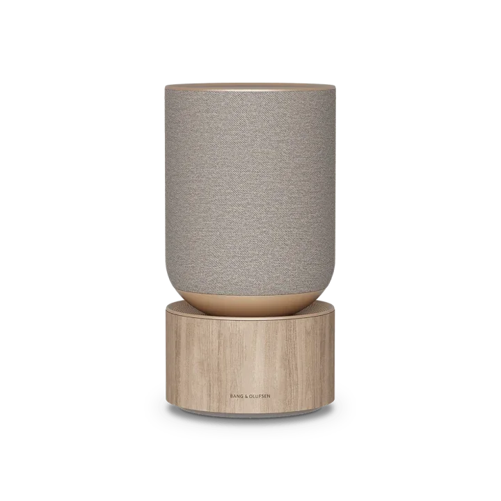 Bang & Olufsen Beosound Balance natural oak wireless speaker, front view, available in the UK.