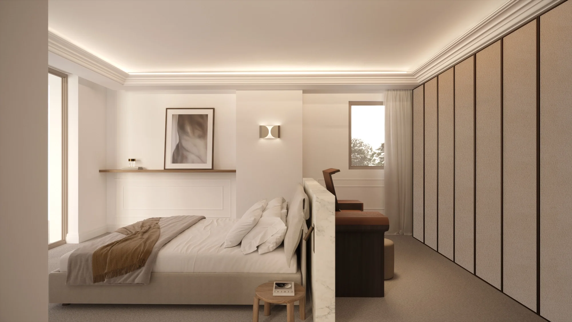 Contemporary full-width wardrobe wall with handleless doors in luxury bedroom, interior design in Surrey by Abitalia South Coast.