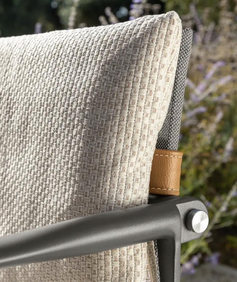 Close-up of Riviera by Talenti showing the leather-finished backrest and refined material detailing designed for outdoor durability.