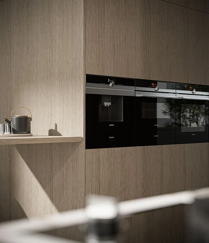 Modern Arredo3 Tratto10 kitchen with wooden wall paneling, built-in Gaggenau oven, microwave, and dishwasher, designed by Abitalia South Coast in Dorset, Hampshire, and Surrey