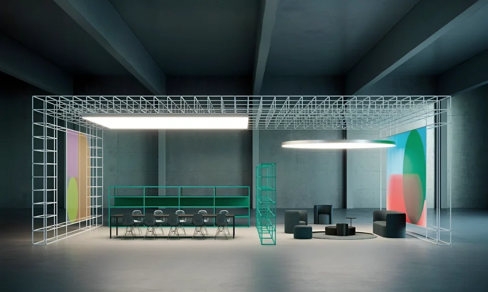 Contemporary meeting room featuring Dresswall acoustic ceiling light.