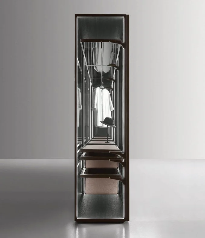 Rimadesio Cover Freestanding modular wardrobe with side and back panels, allowing linear or corner configurations, supplied by Abitalia South Coast in Dorset, Hampshire, and Surrey.