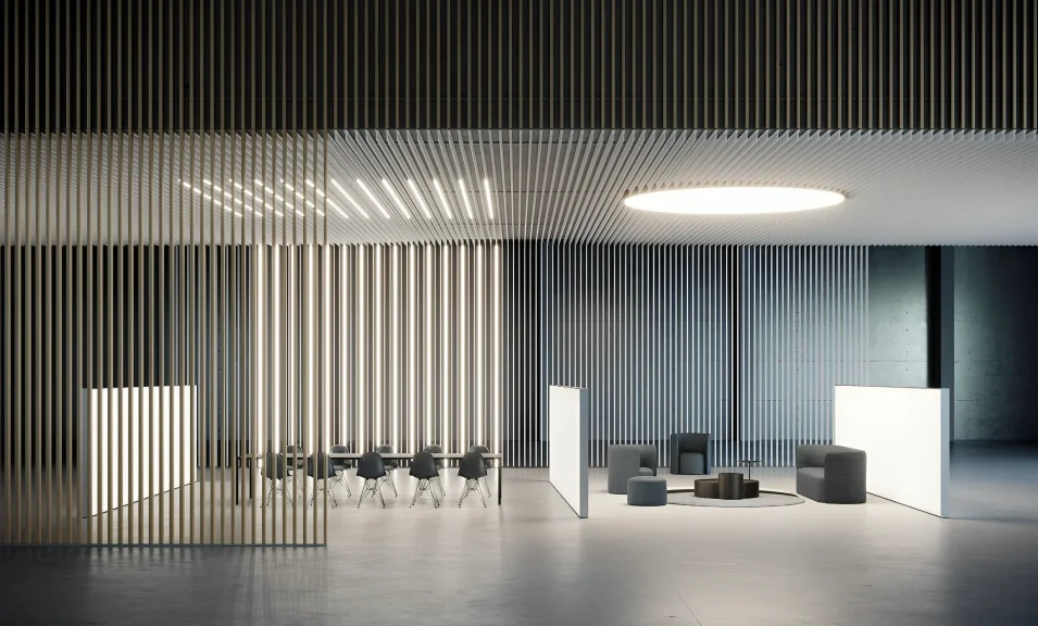 Modern office boardroom illuminated by Dresswall smart lighting.