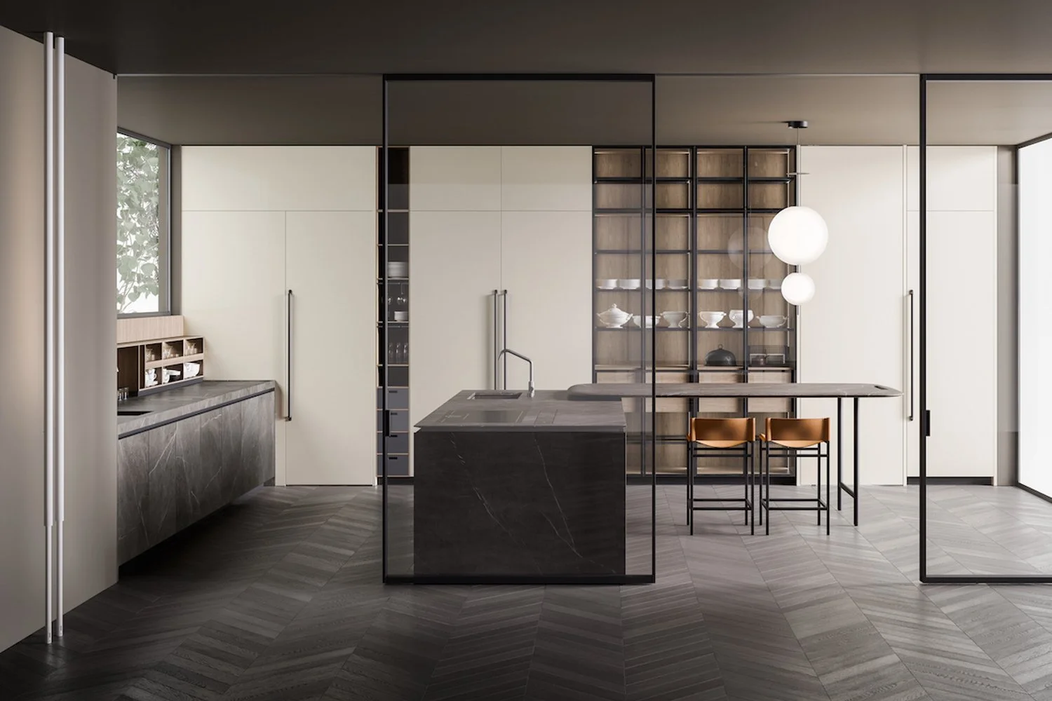 Boffi luxury kitchen with sliding doors and porcelain tiles designed by Abitalia South Coast in Dorset, Hampshire, and Surrey.