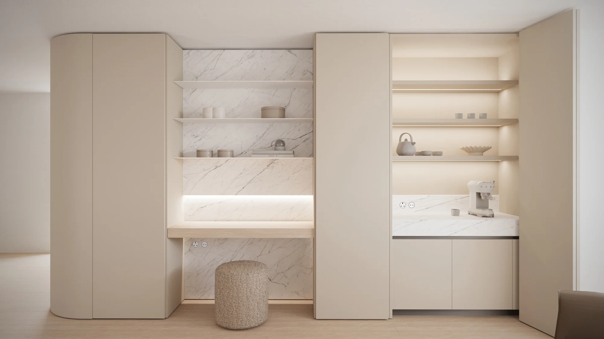 Luxury bedroom with integrated kitchenette concealed within fitted wardrobe wall, bespoke interior design in Dorset by Abitalia South Coast.