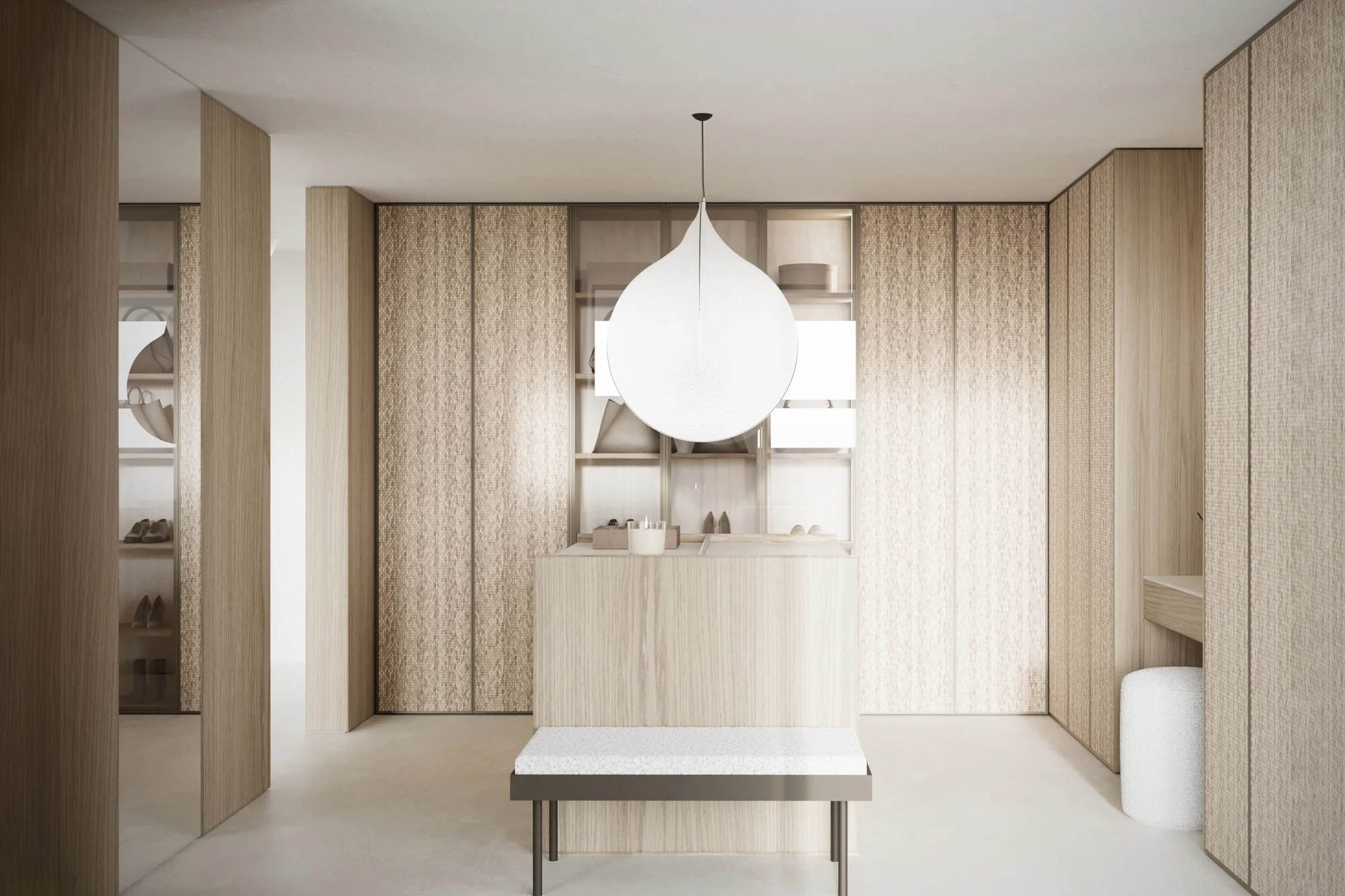 Luxury walk-in dressing room with central island, pendant hanging lights and full length mirror, interior design in Hampshire by Abitalia South Coast.