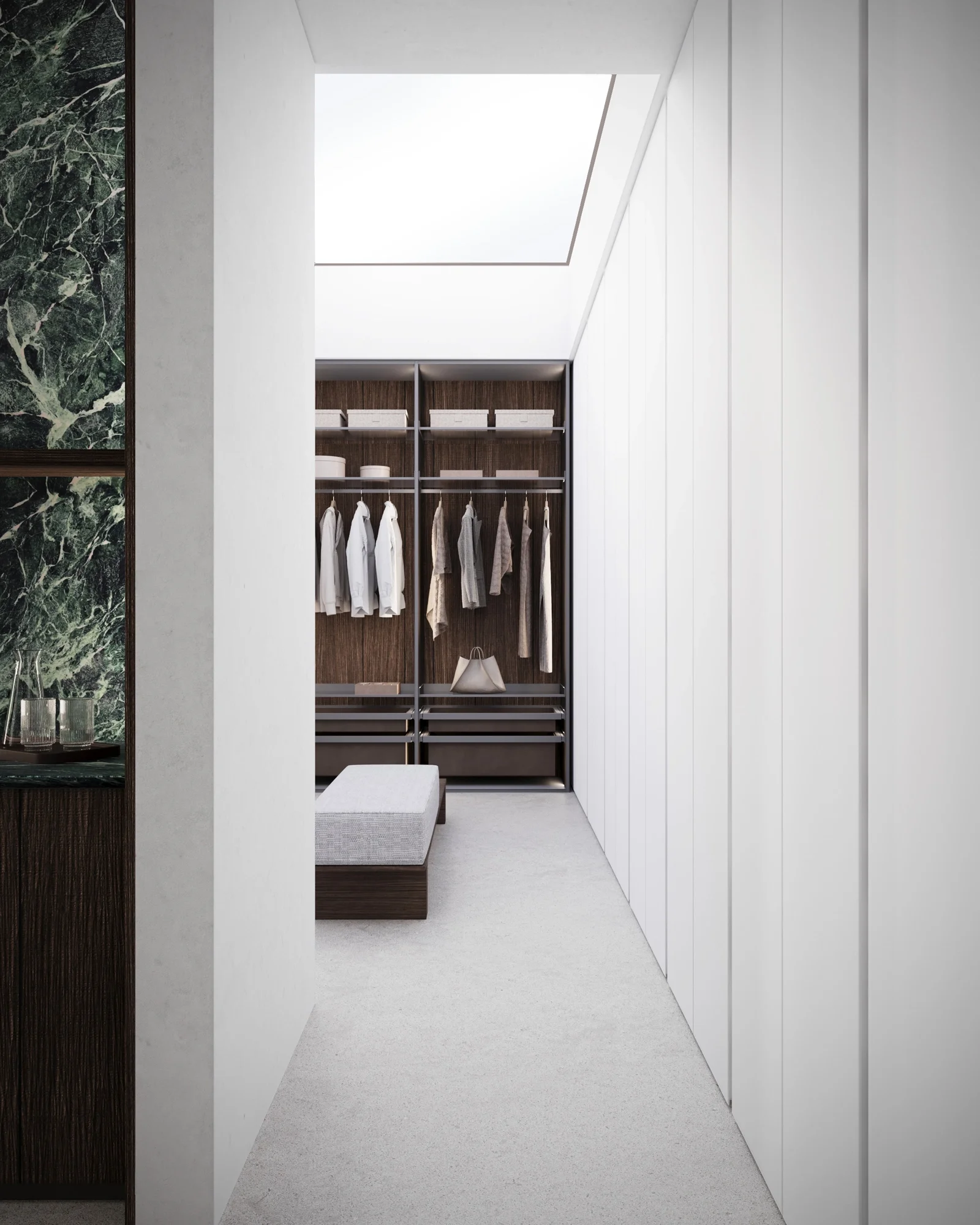 Contemporary bedroom wardrobe with mixed open display and closed storage, bespoke interior design in Dorset by Abitalia South Coast.