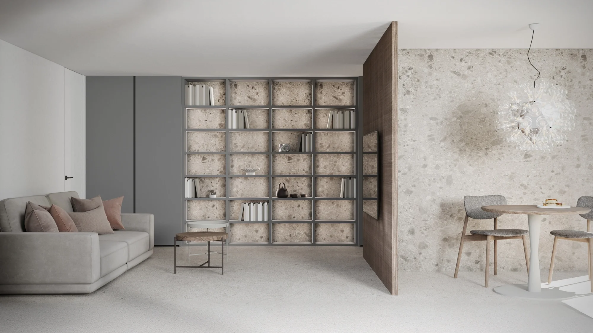 Full-width Italian media wall with integrated TV recess and rimadesio display storage, luxury interior design in Dorset by Abitalia South Coast.