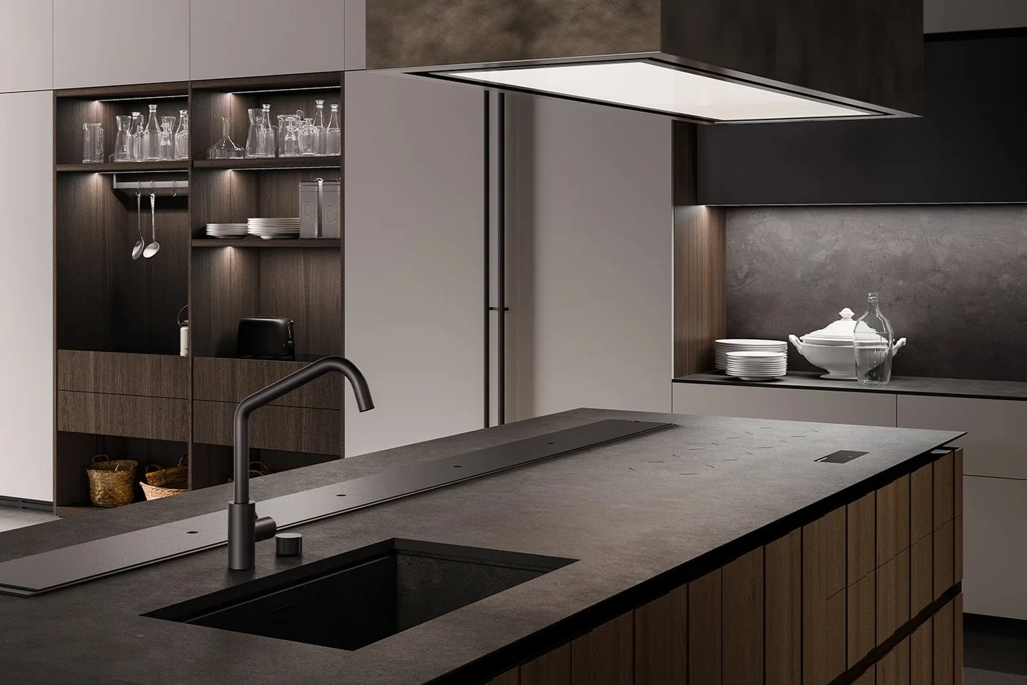 Modern Boffi luxury kitchen with dark wood cabinets, porcelain sink and countertop, and open shelving with glassware, designed by Abitalia South Coast in Dorset, Hampshire, and Surrey.
