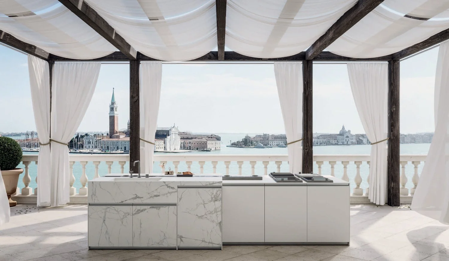 Zampieri Loggia Out outdoor kitchen with steel structure and porcelain-effect surfaces in a contemporary terrace setting.