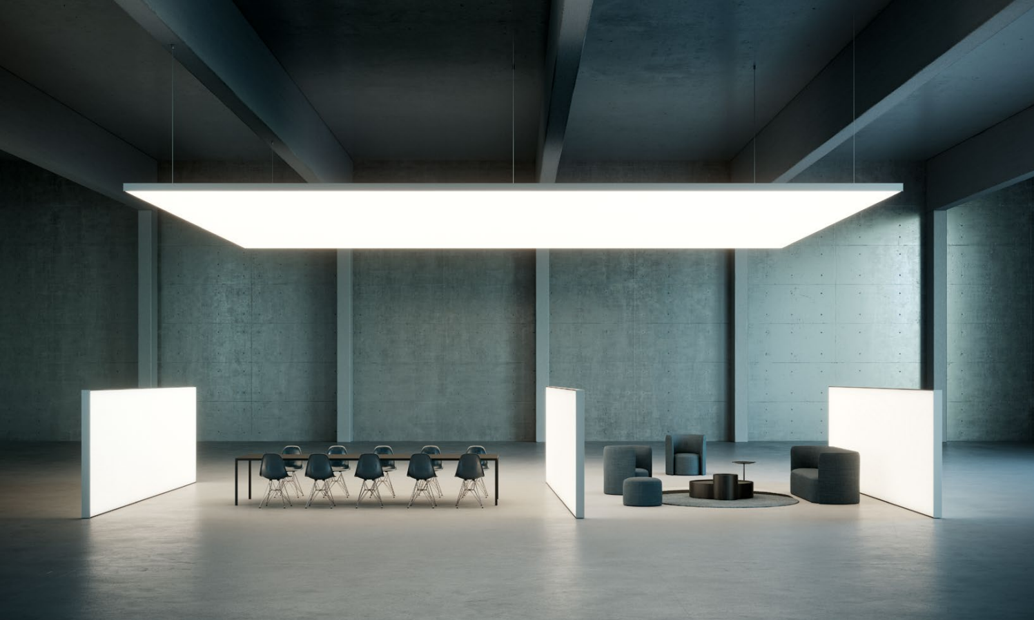 Light Box by Dresswall ceiling fixture with tunable lighting and integrated acoustic panel in modern meeting room.