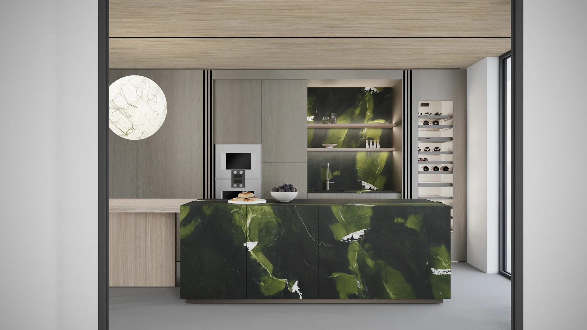 Inalco porcelain tile laid continuously from kitchen to living area, open-plan luxury interior design in Hampshire by Abitalia South Coast.