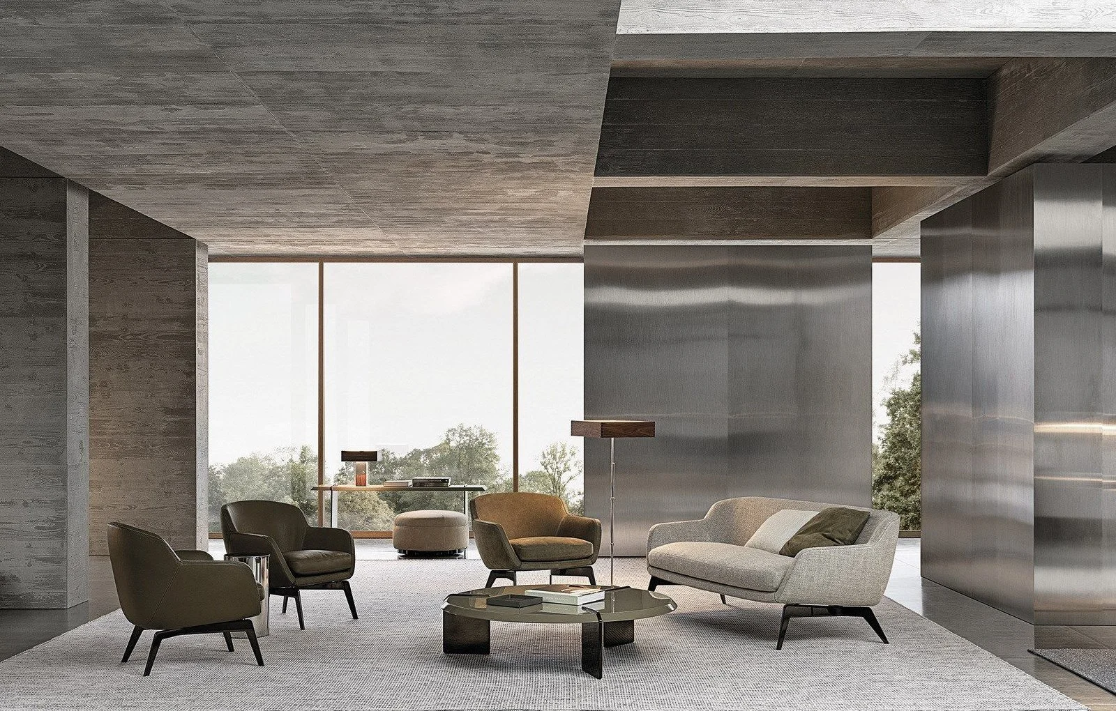 Minotti sofa composition with beige sofa, three armchairs, round coffee table, floor lamp, and small ottoman, designed by Abitalia South Coast in Poole, Dorset, UK.