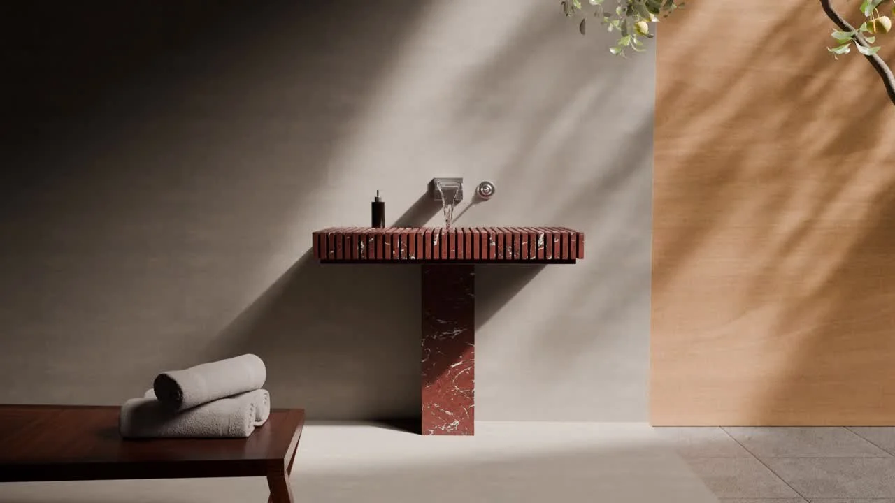 Piano Marble Sink by Serafini with vertically arranged floating marble slabs.